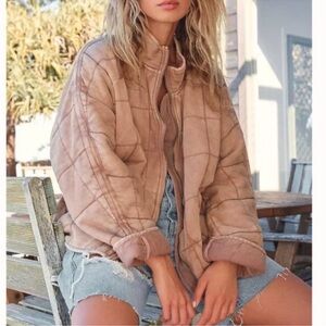 Free People Tan Quilted Bomber Jacket